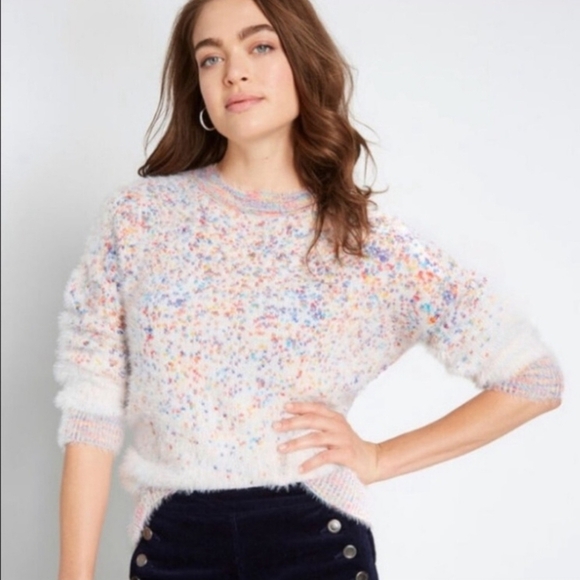 Modcloth Sweaters - ModCloth Making a Fuzz Confetti Sweater Cozy Fuzzy Stretchy Colorful Rainbow